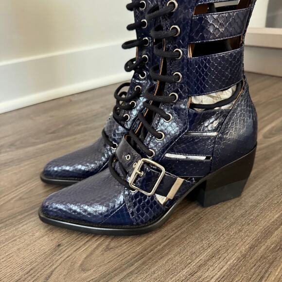 Chloe Riley Knee High Navy Leather Snakeskin Block Heeled Boots 37 NEW Bootie - Picture 3 of 7
